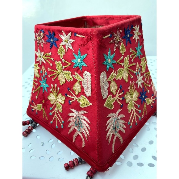 Other - Embroidered Floral Lamp Shade Red Square Beaded Accent Home Decor Lighting